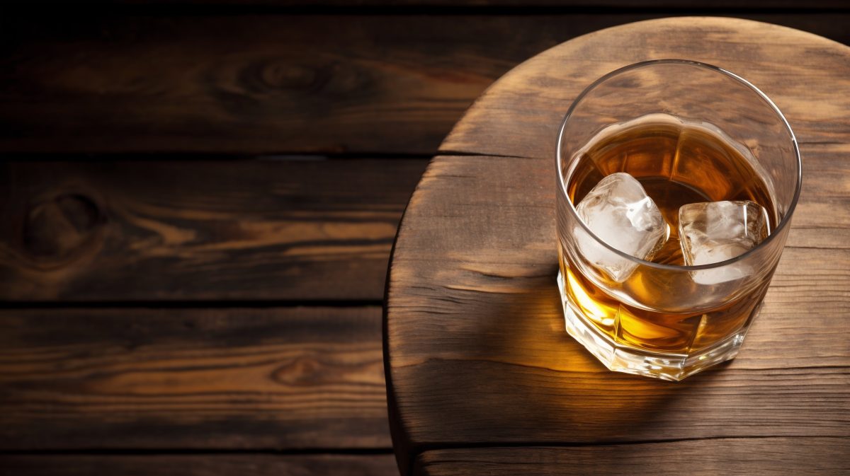 A glass of whiskey with wooden background