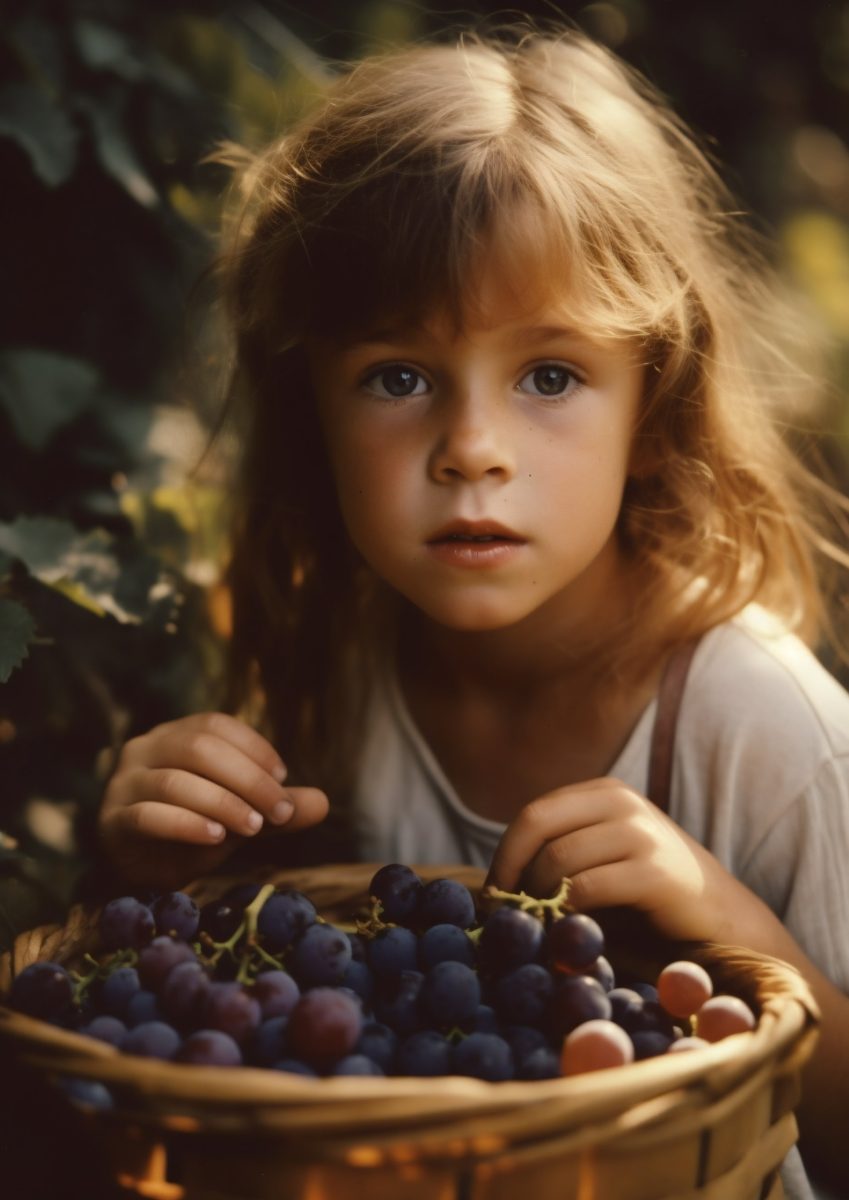 A little girl picking grapes of wine