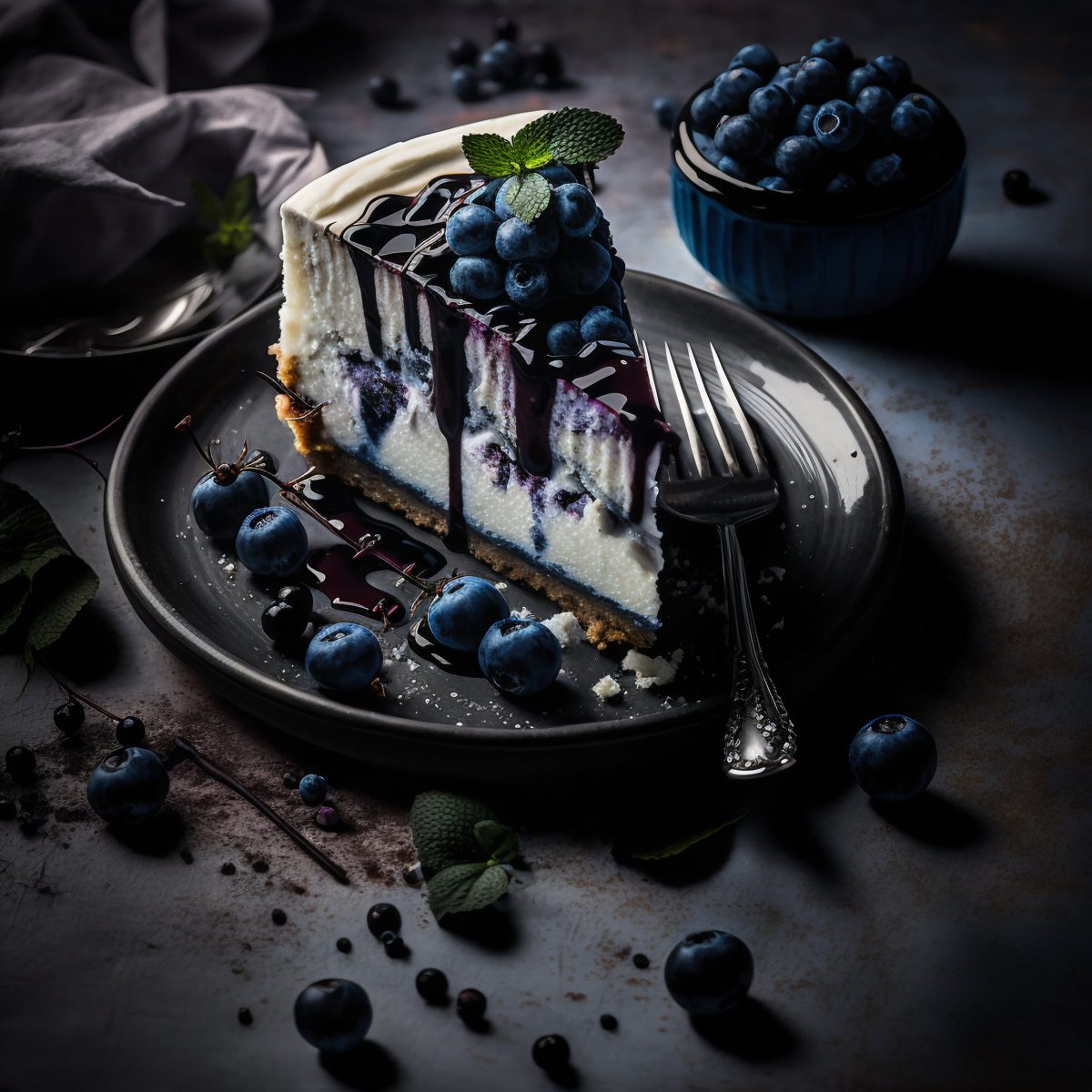 Blueberry cheesecake on a plate with a fork