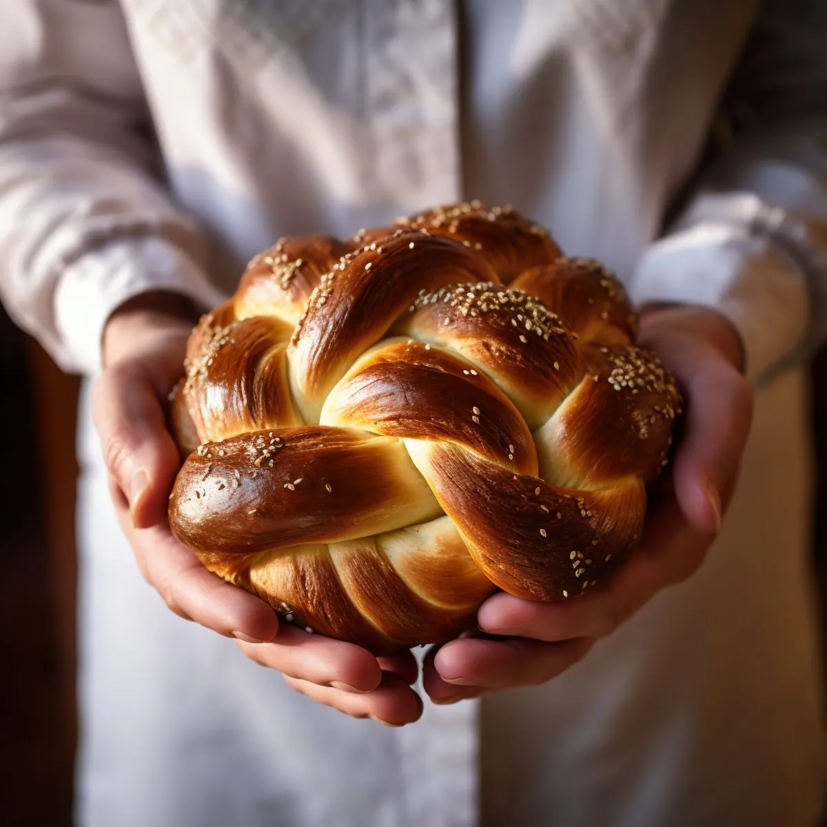 Braided challah in hands