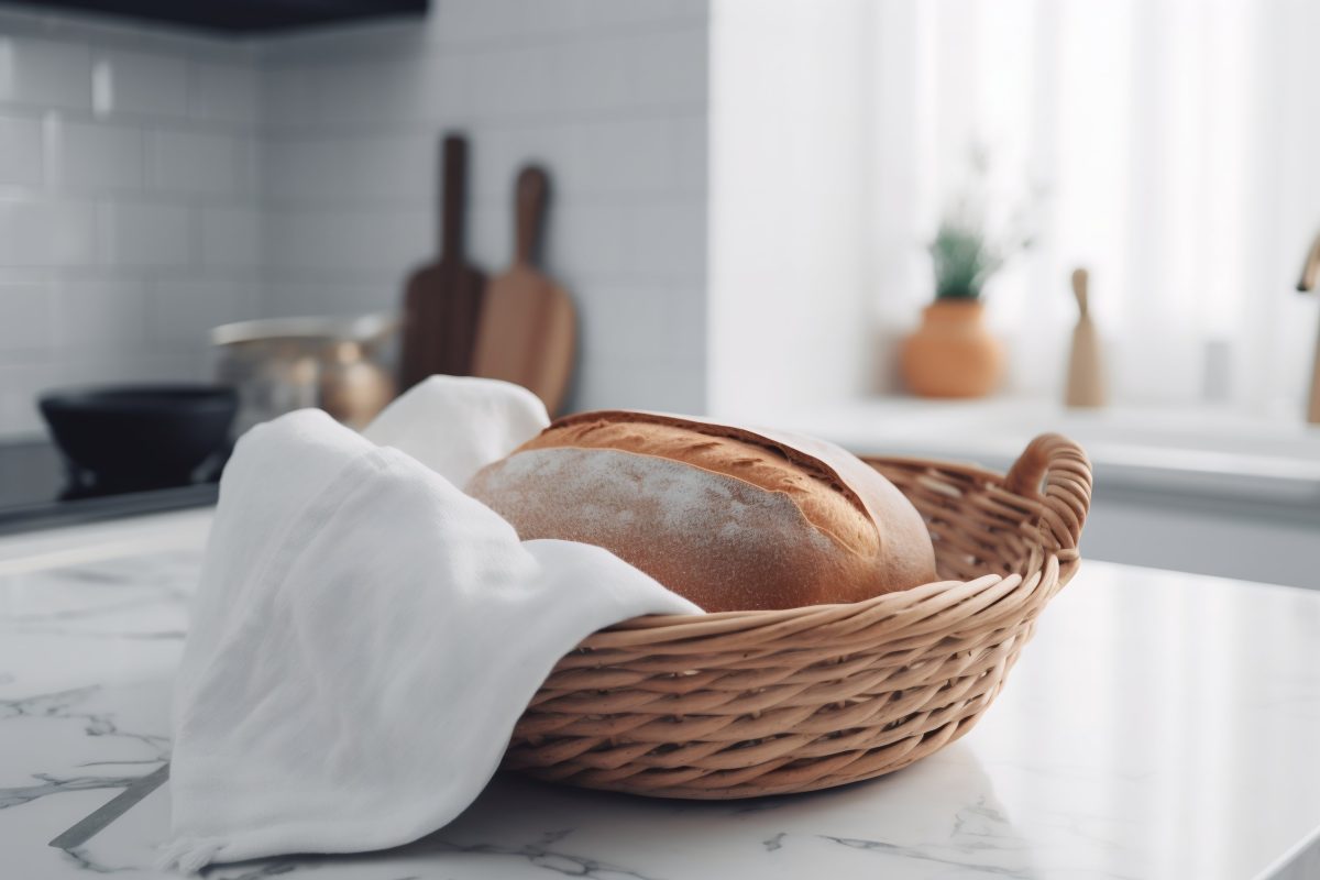 Bread in a basket at a marble kitchen desk