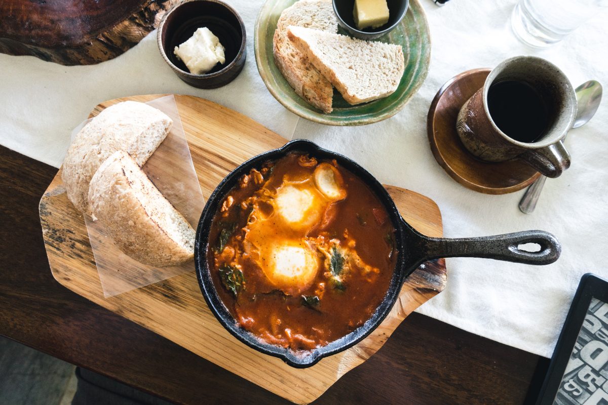 Brunch skillet with eggs and tomatoes