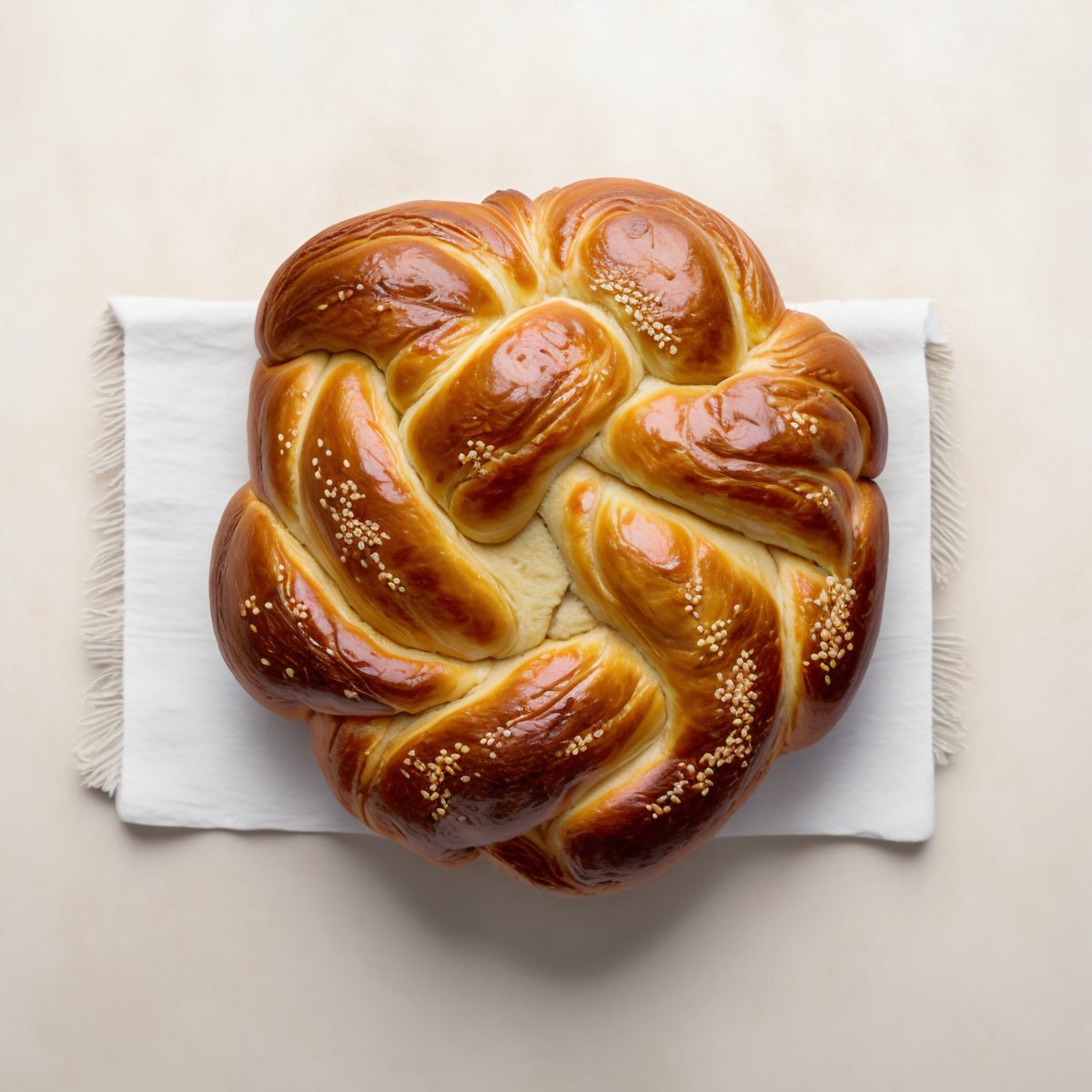 Challah pastry on a white linen