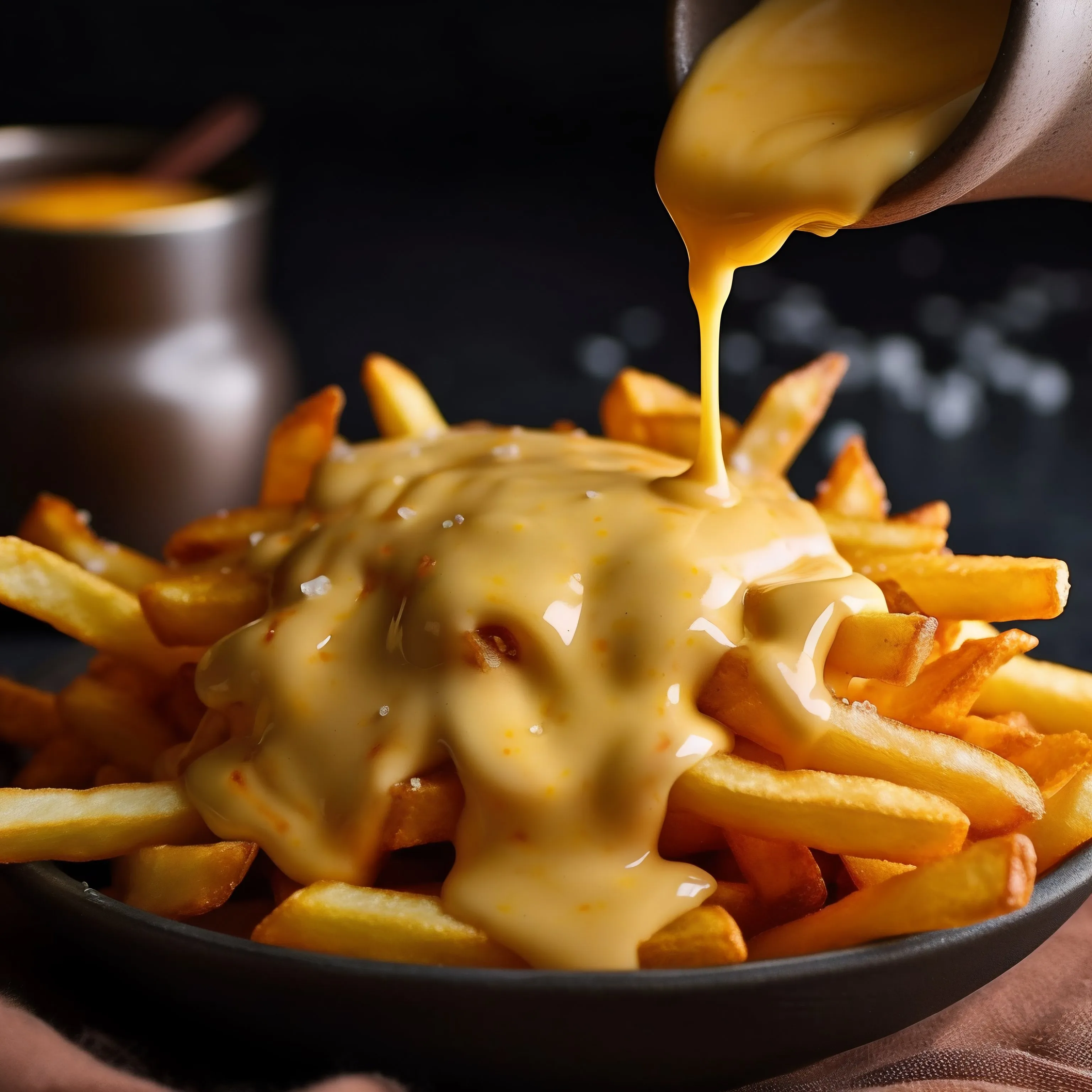 Cheese Sauce Drizzled Over Golden French Fries