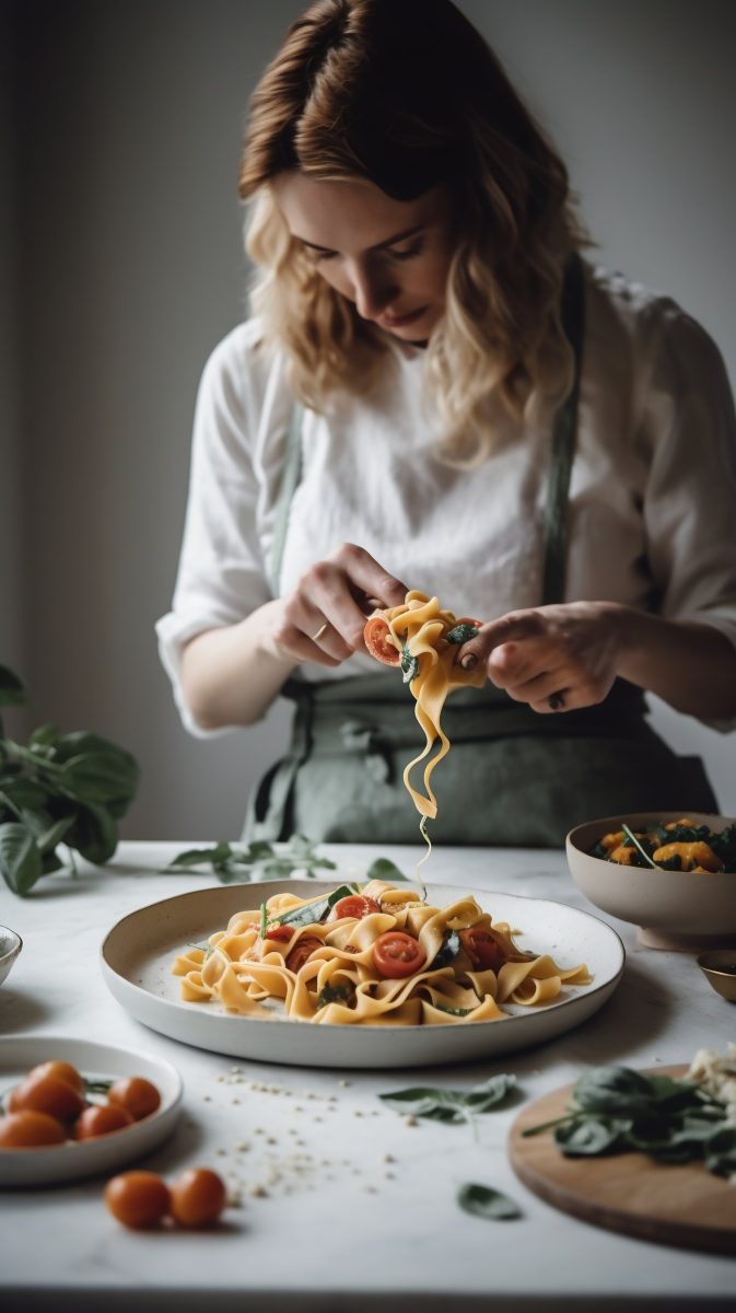 Chef finishing pasta