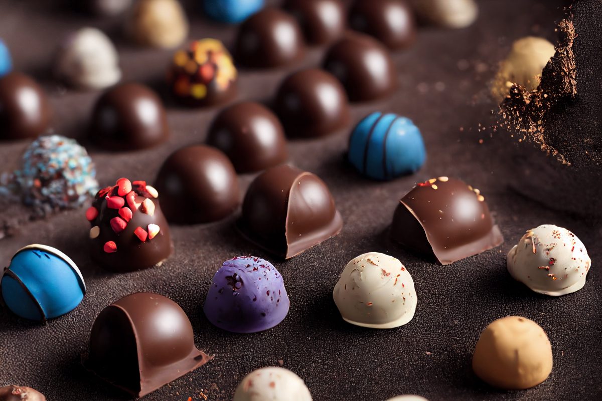Chocolate pralines close up