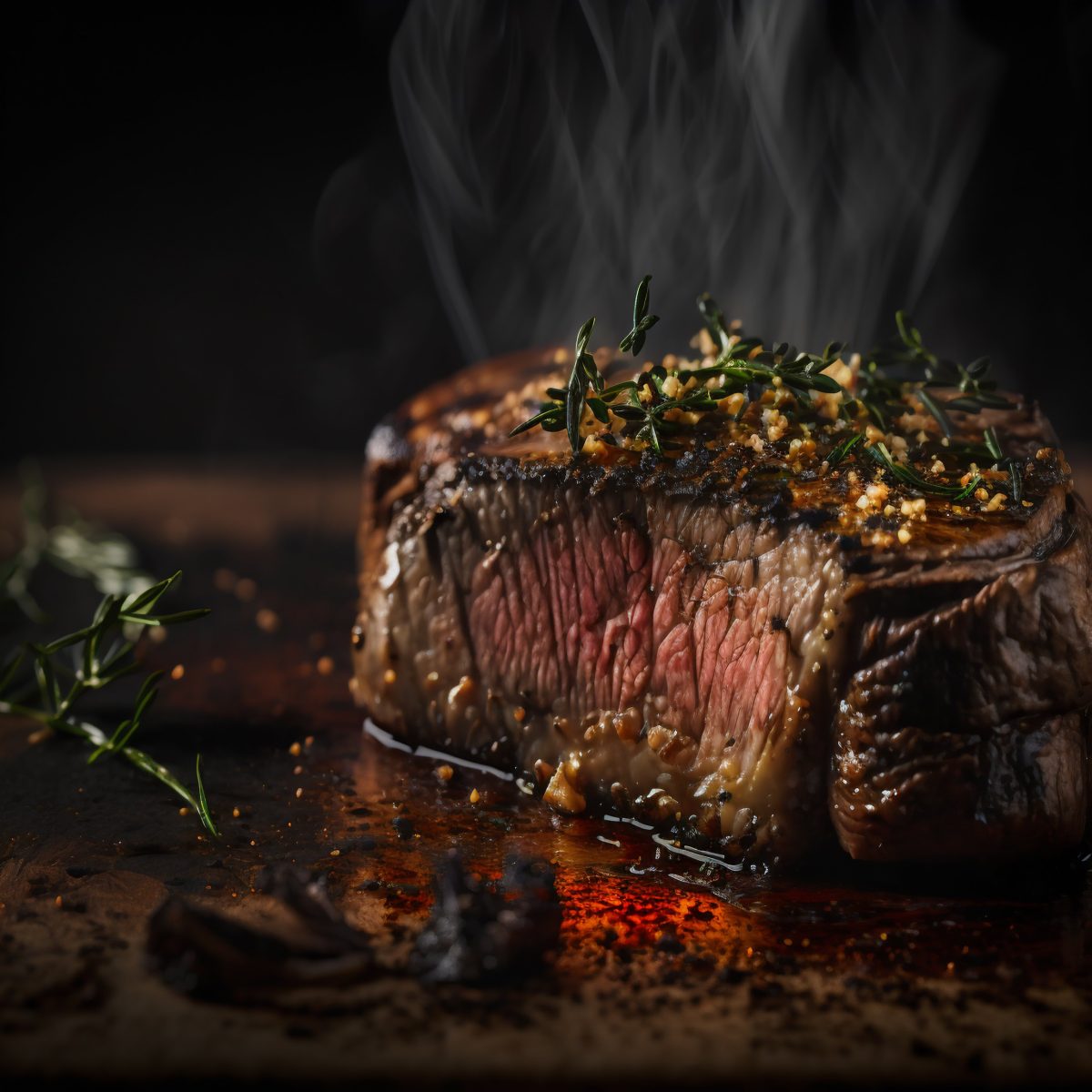 Cinematic shot of grilling beef steak
