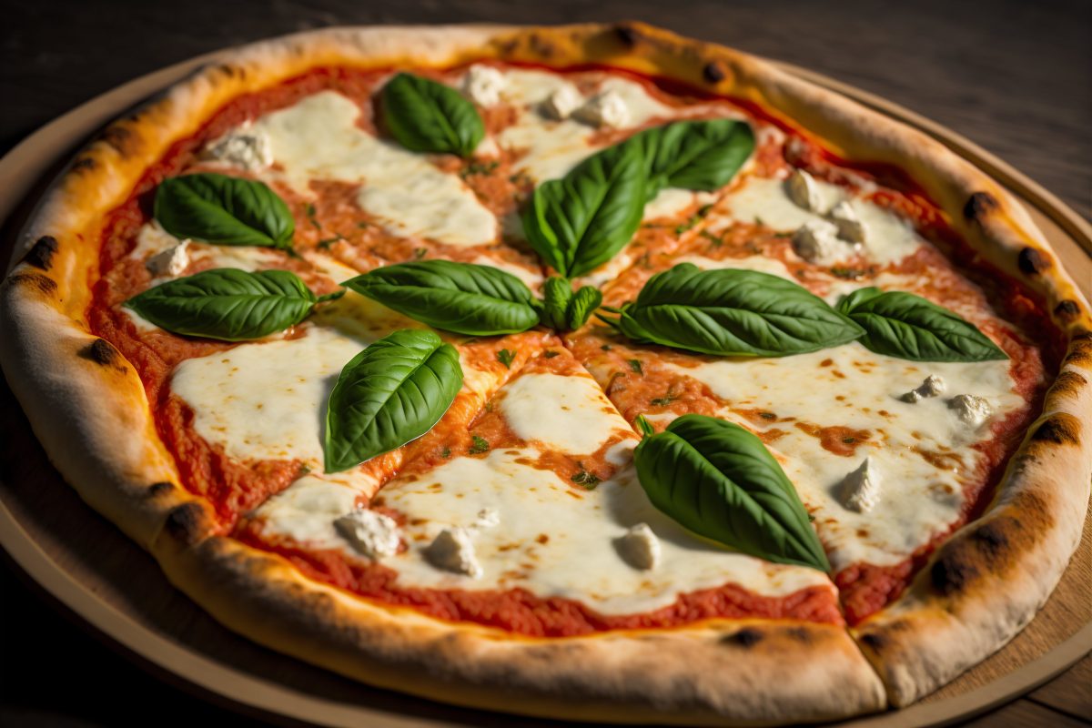 Classic pizza margherita with basil leaves