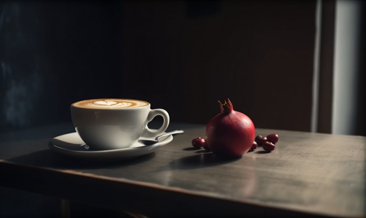 Coffee and pomegranate still-life photo