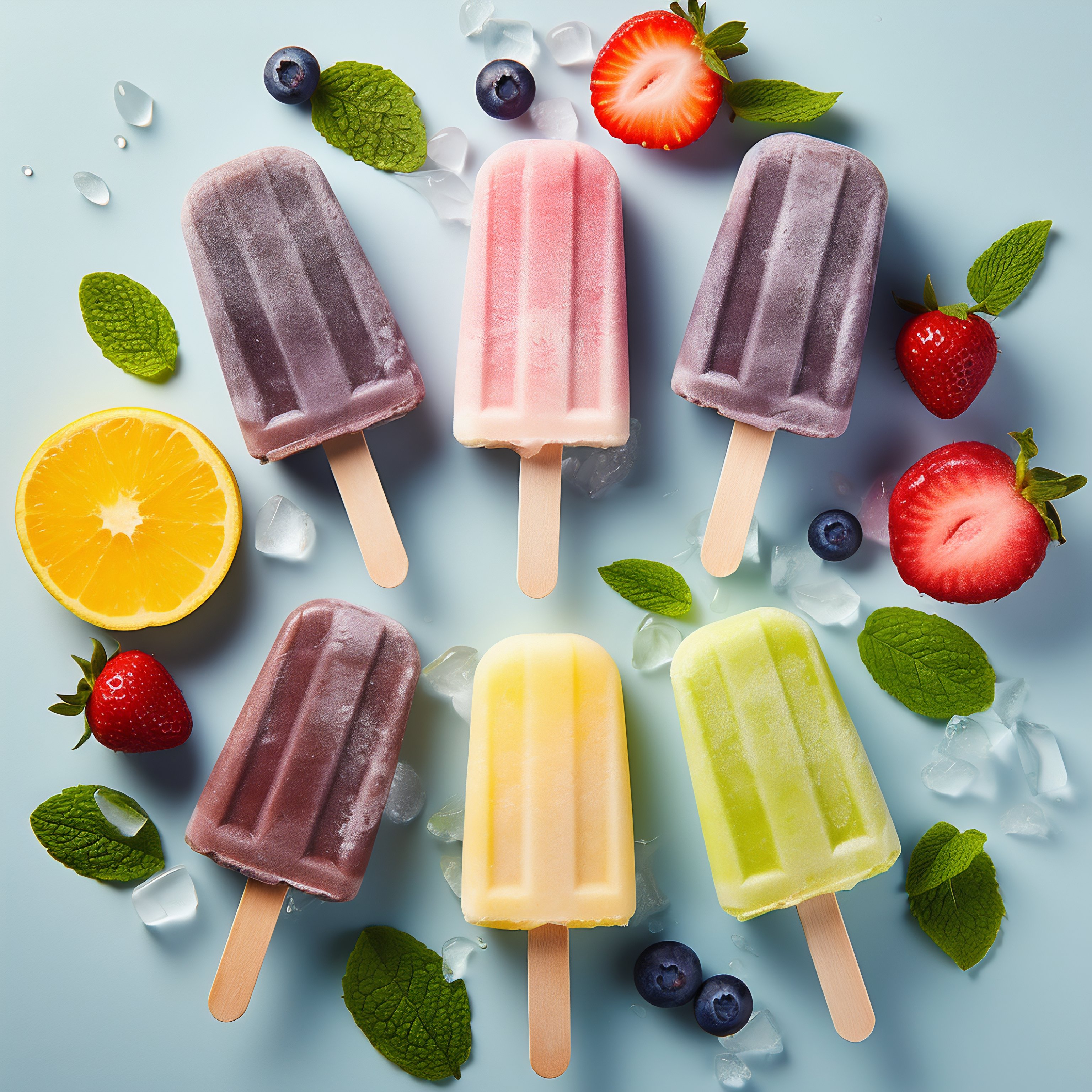 Colorful Frozen Fruit Pops on a Light Blue Background