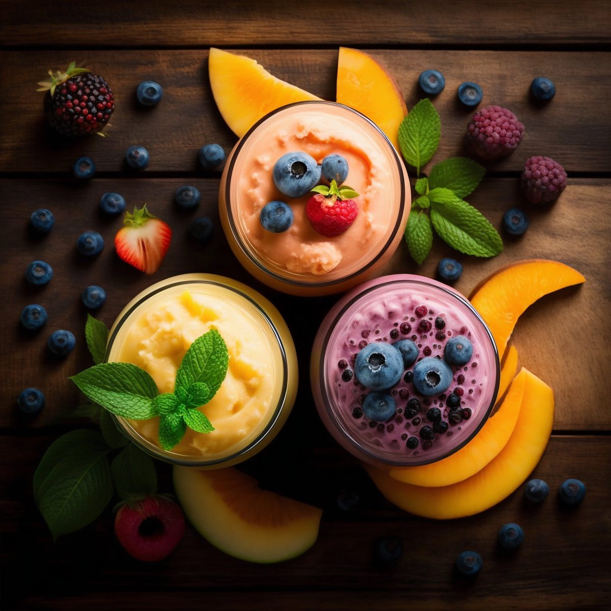 Colorful smoothies with fresh berries