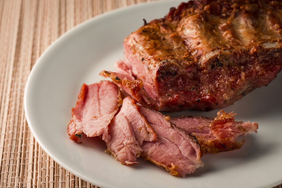 Roasted pork ribs close up