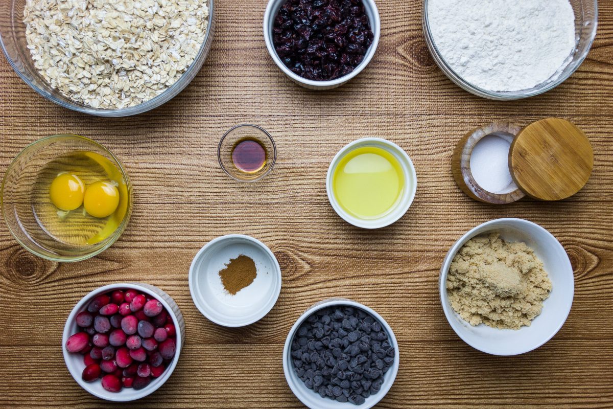 Ingredients for baking cranberry chocolate cookies