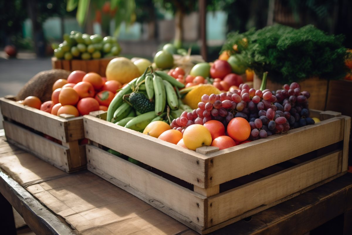 Crate with fresh fruit