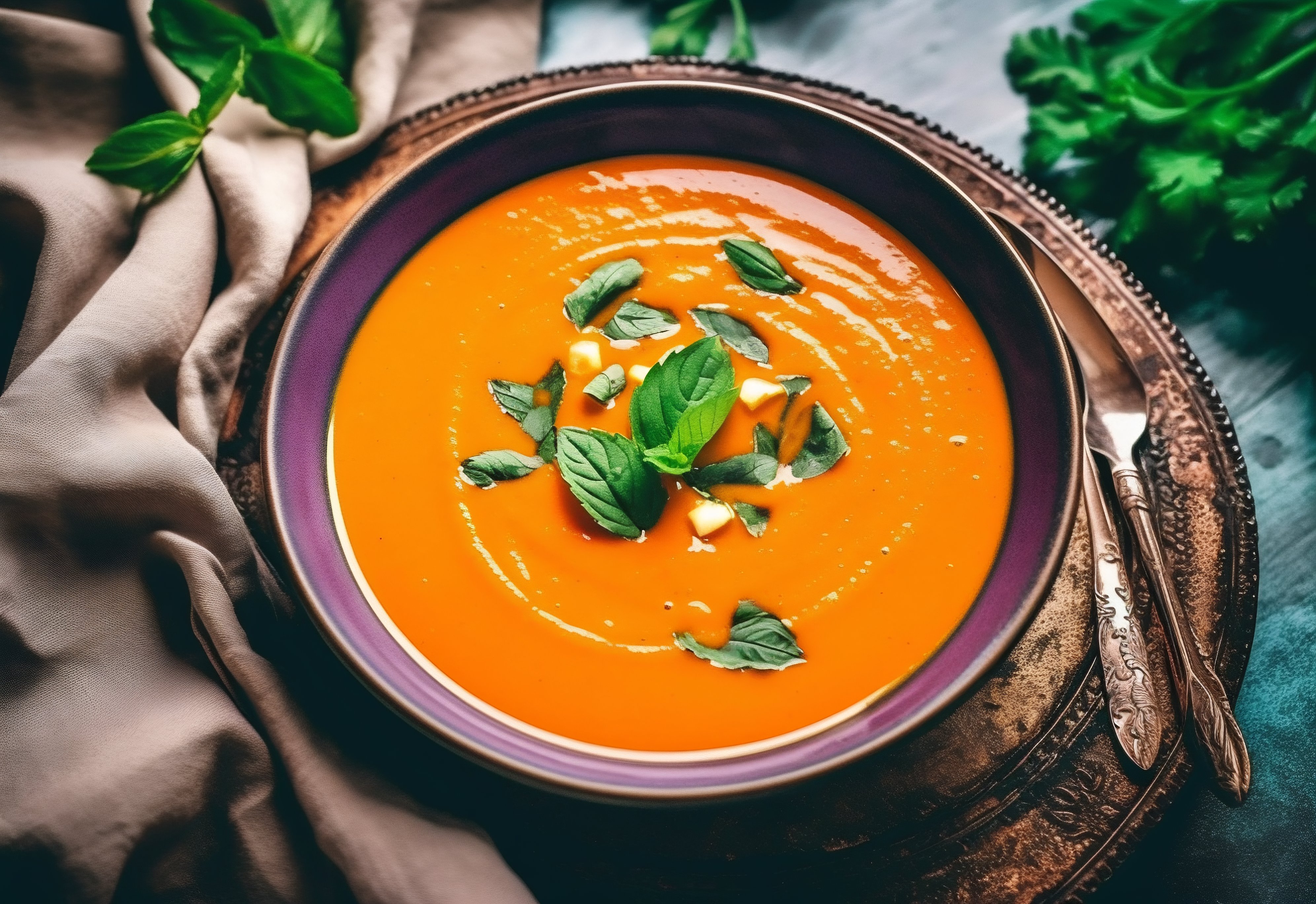 Creamy Tomato Basil Soup in a Rustic Bowl