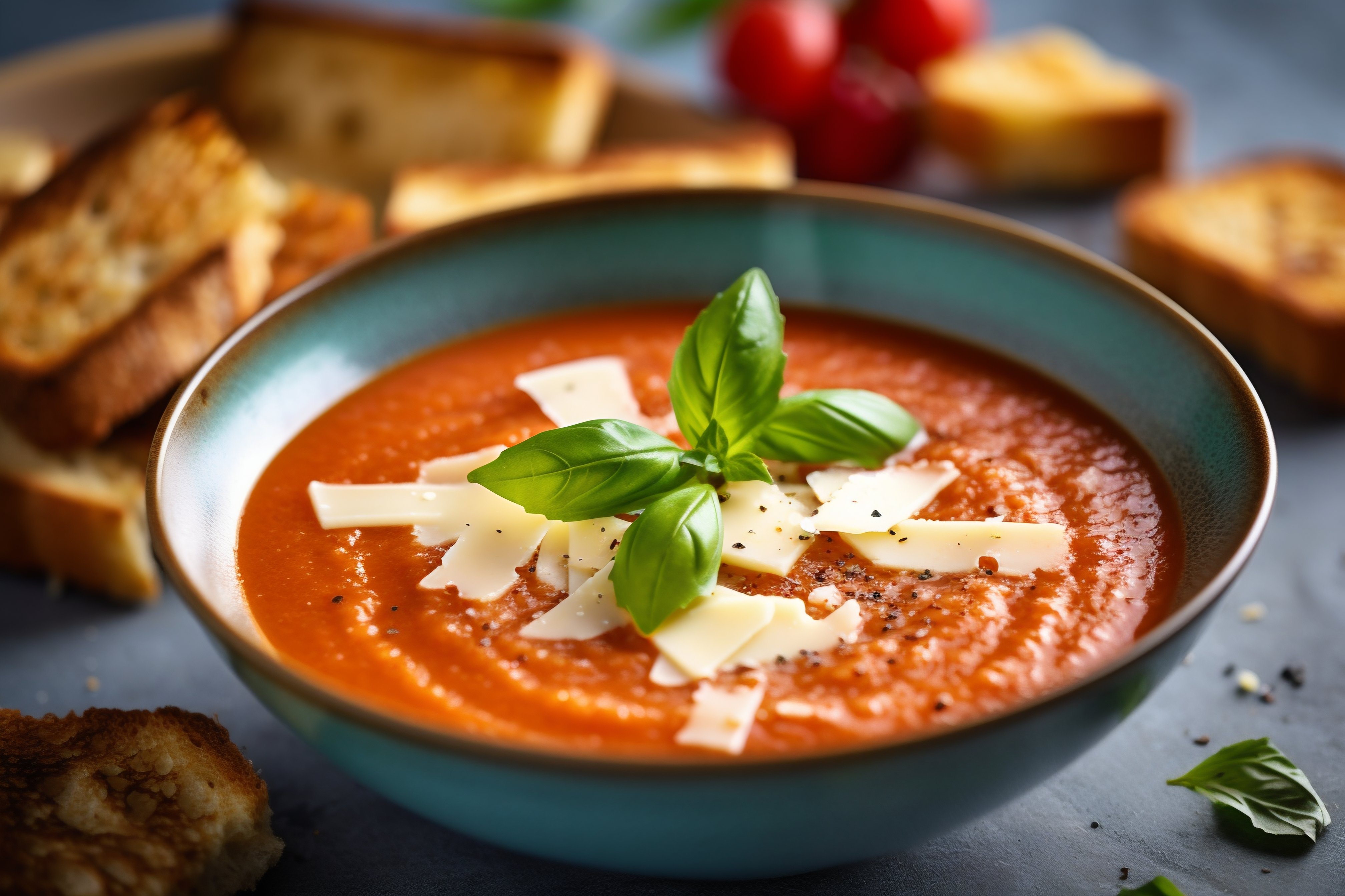 Creamy Tomato Basil Soup with Toasted Bread