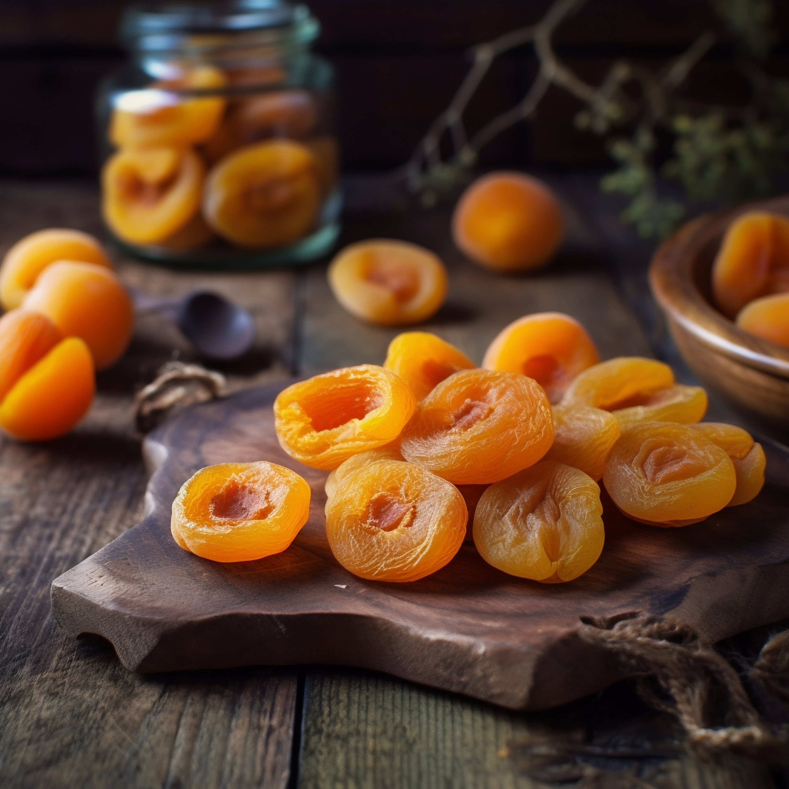 Delicious Dried Apricots on Rustic Wooden Board