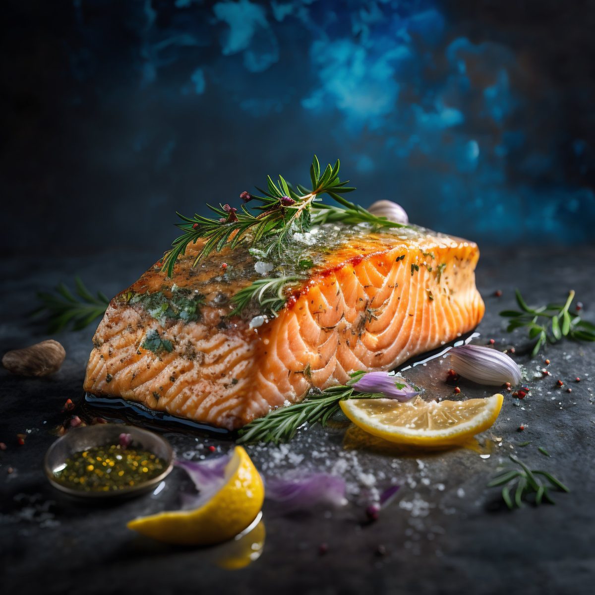 Delicious fried salmon fillet with herbs