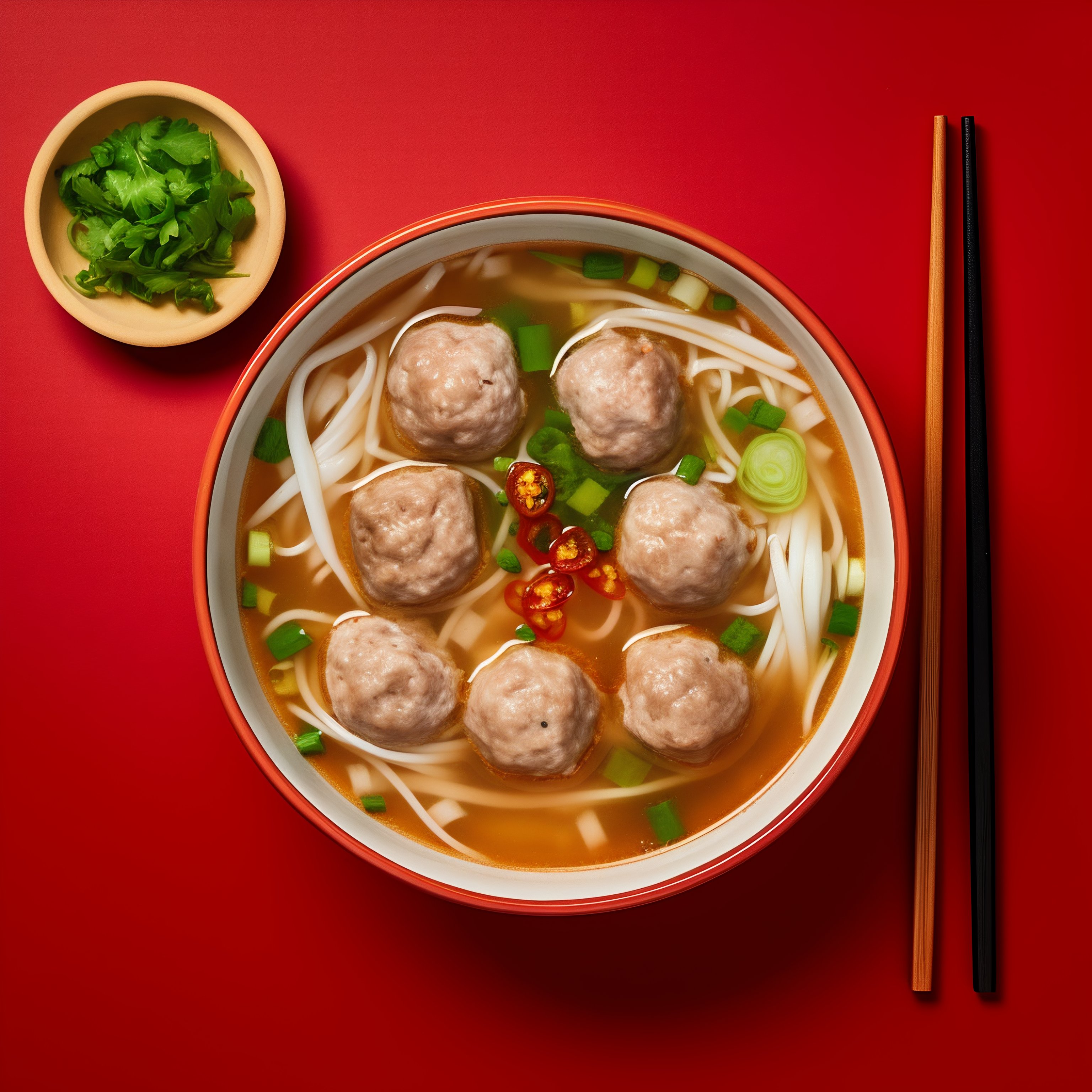 Delicious Meatball Noodle Soup in Red Bowl
