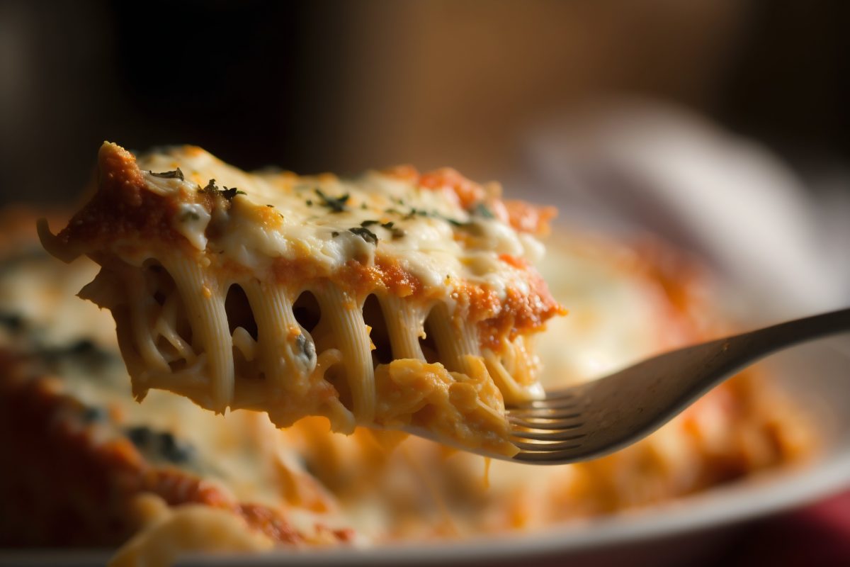 Detailed shot of lasagna on a fork