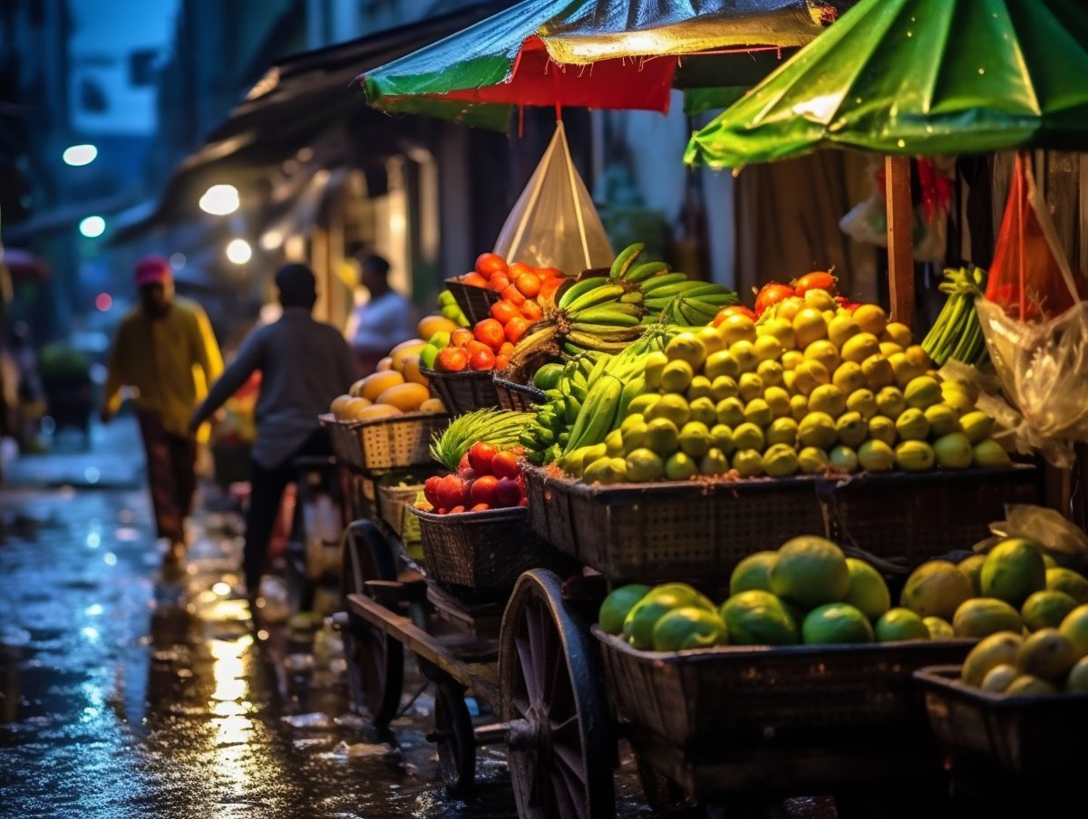 Exotic fruit stall at night