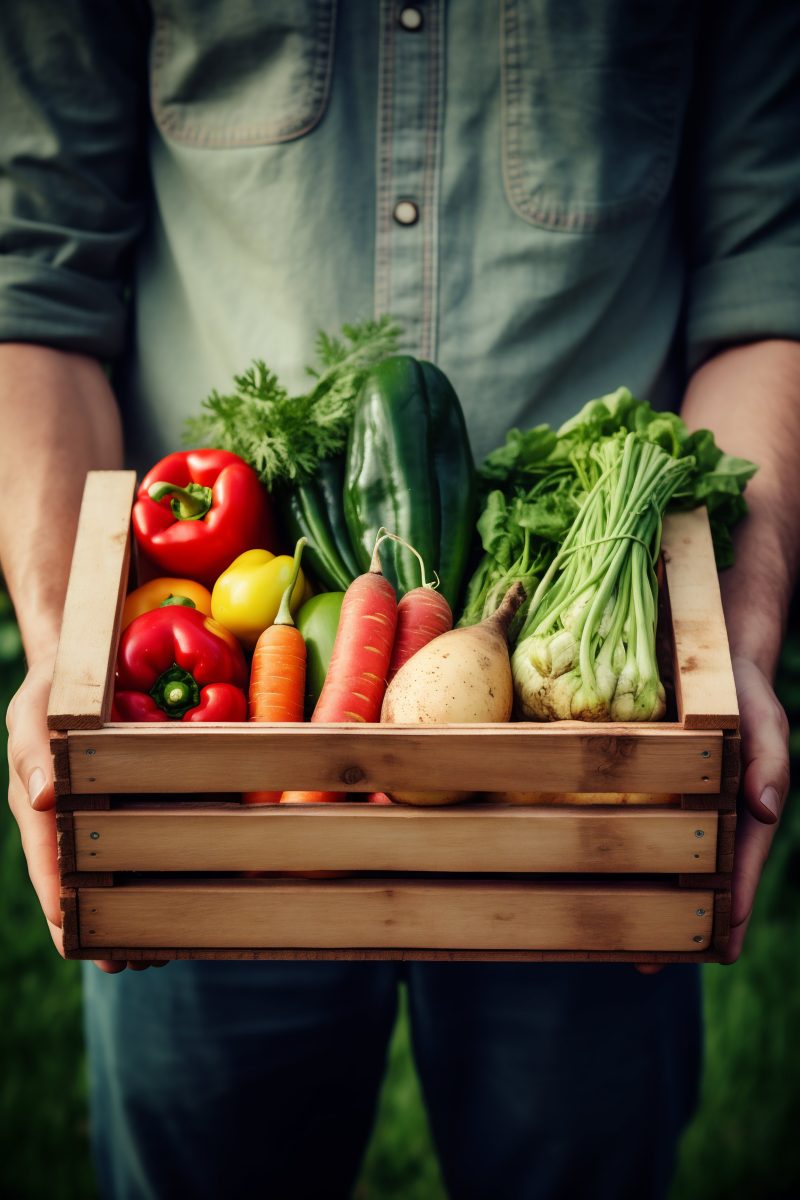 Farmer holding a box with fresh vegetables