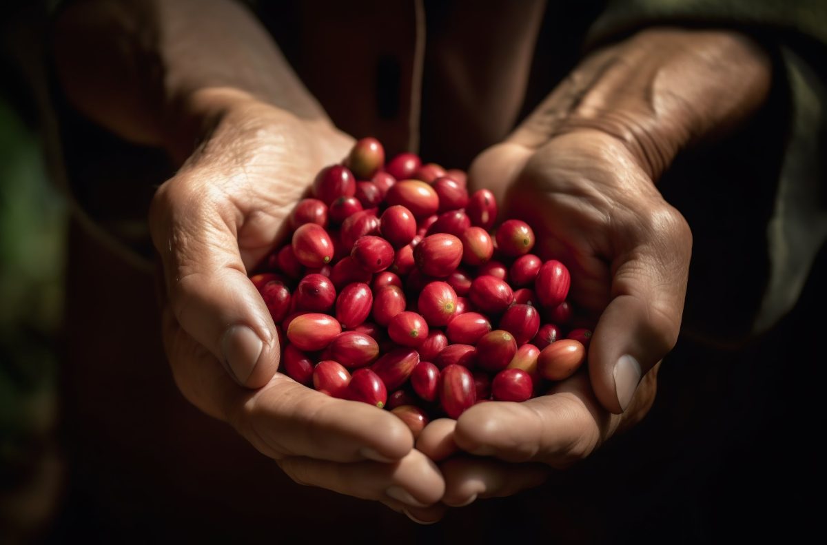 Farmer holding fresh coffee cherries