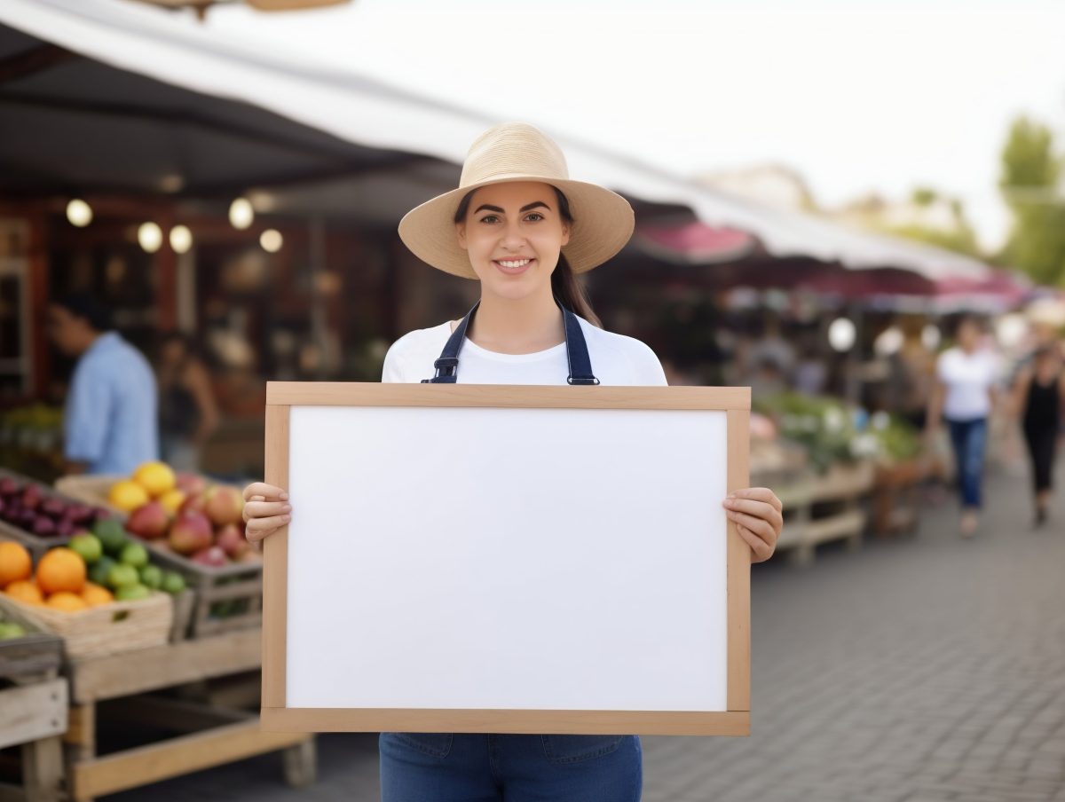 Female farmer holding blank paper board