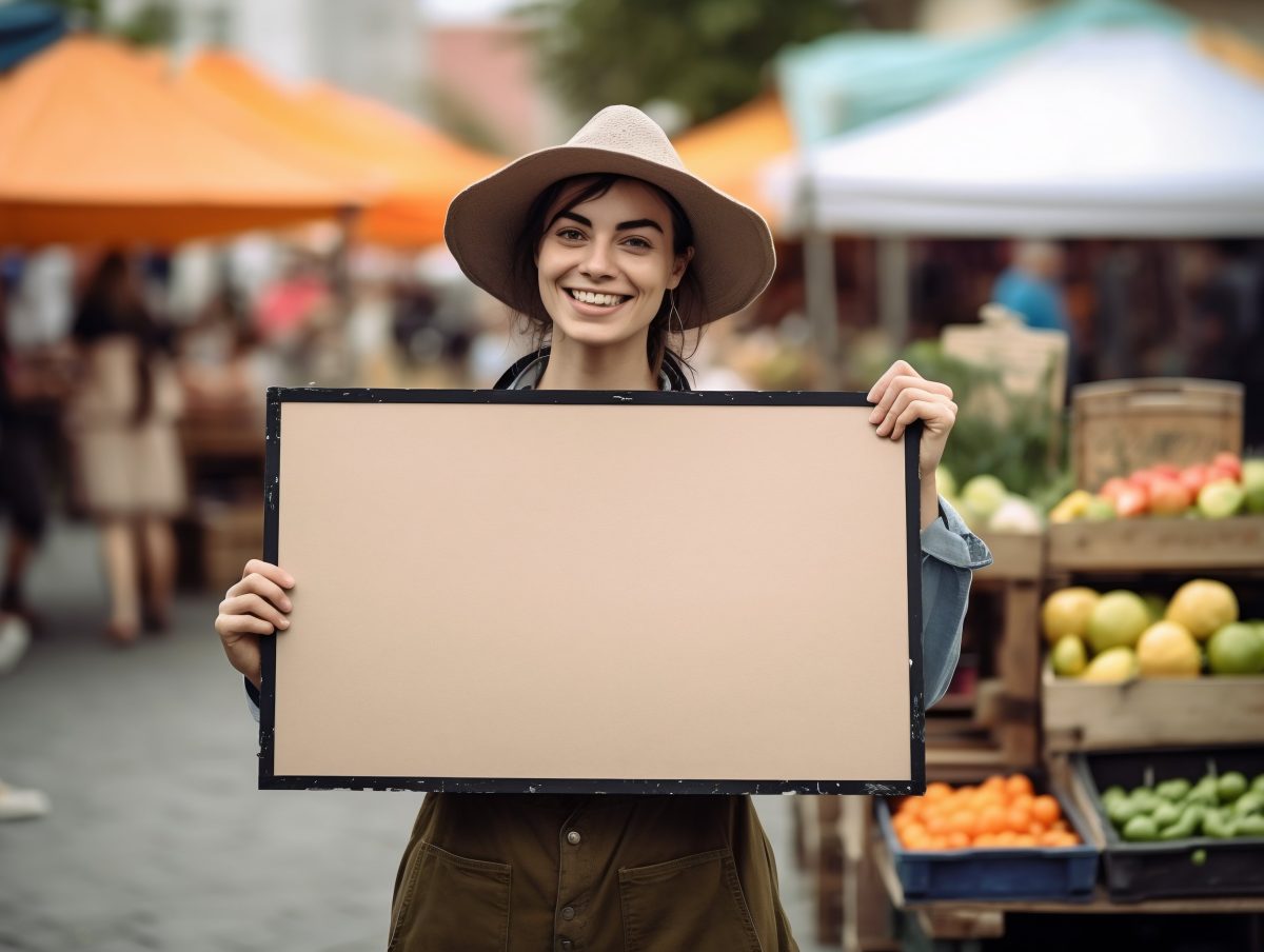 Female farmer holding sign board