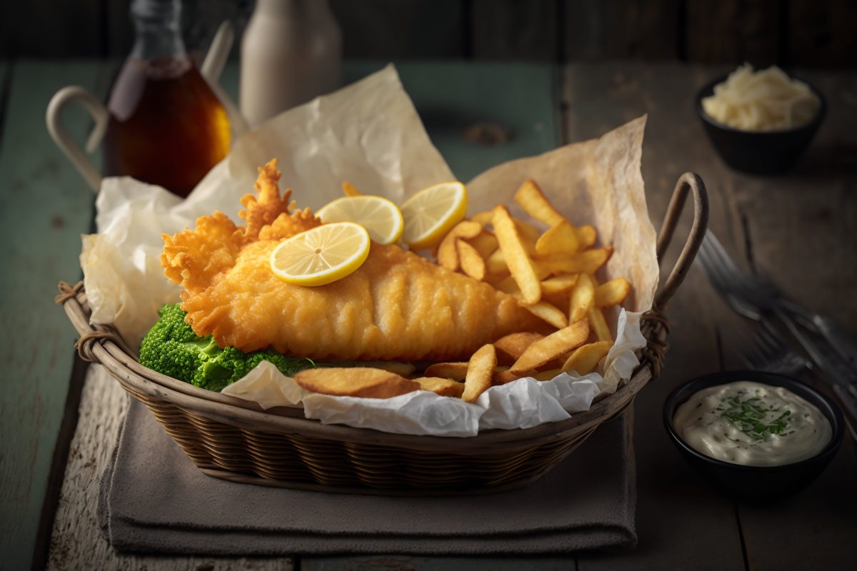 Fish and chips with broccoli