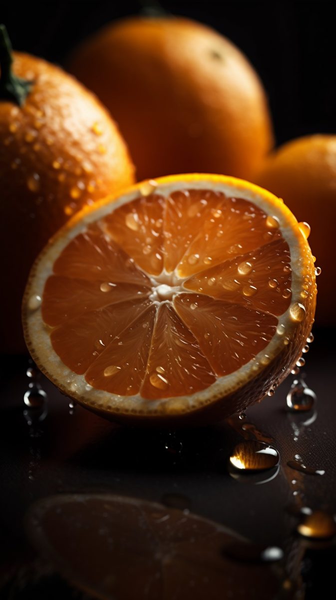 Fresh orange with water drops