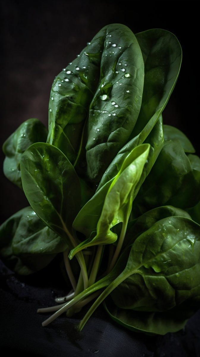 Fresh spinach with water droplets