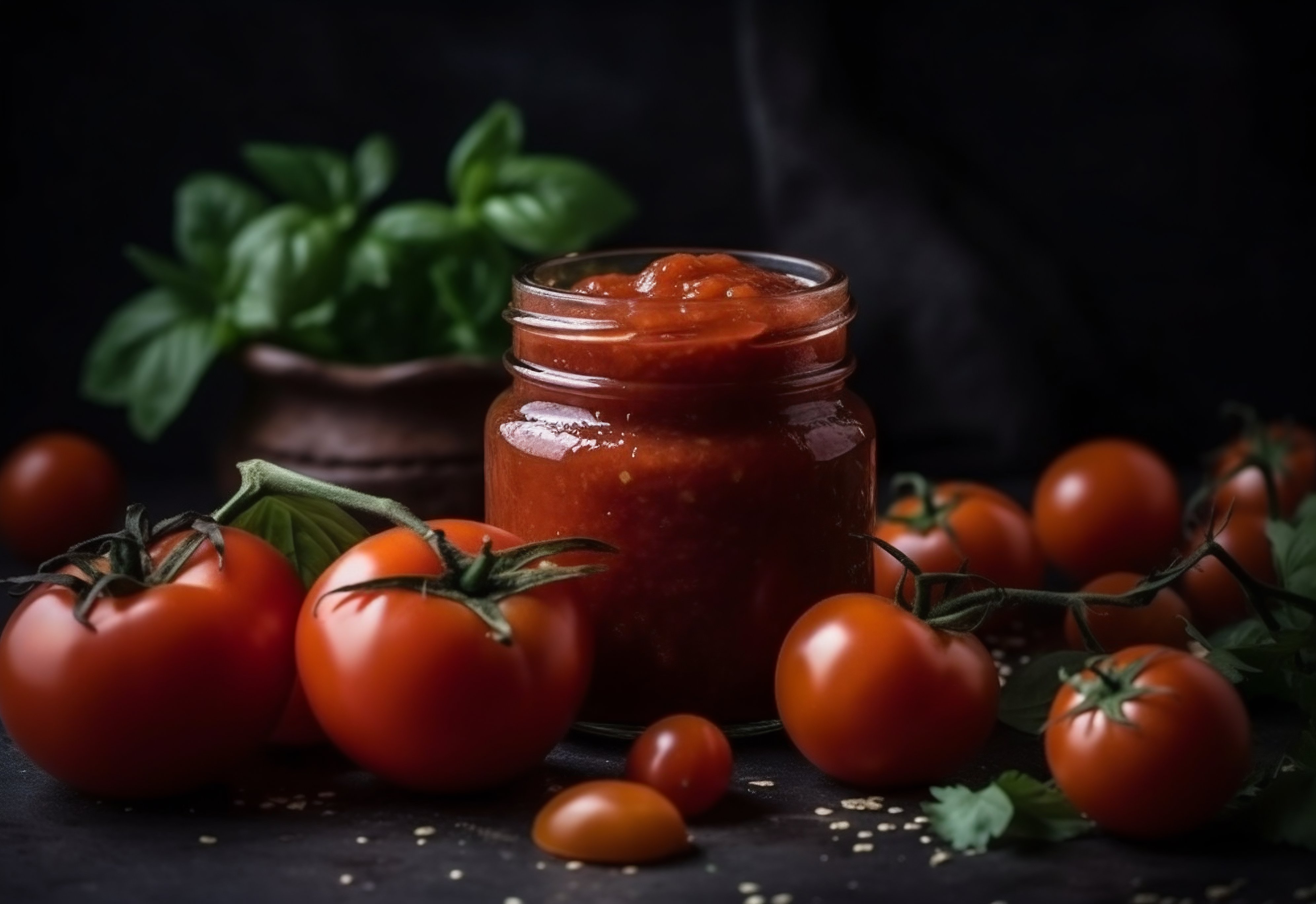 Fresh Tomato Sauce in a Jar with Ripe Tomatoes