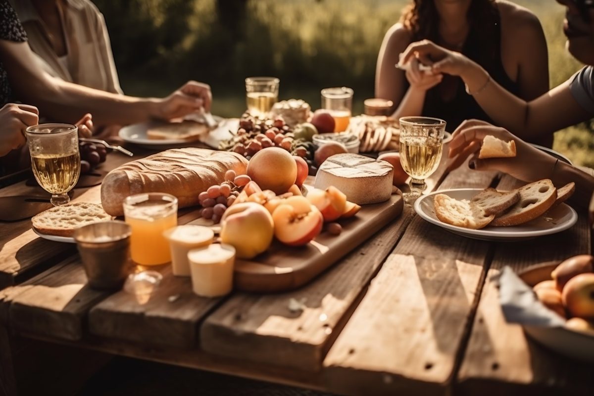 Friends having picnic at a wooden table outside in summer
