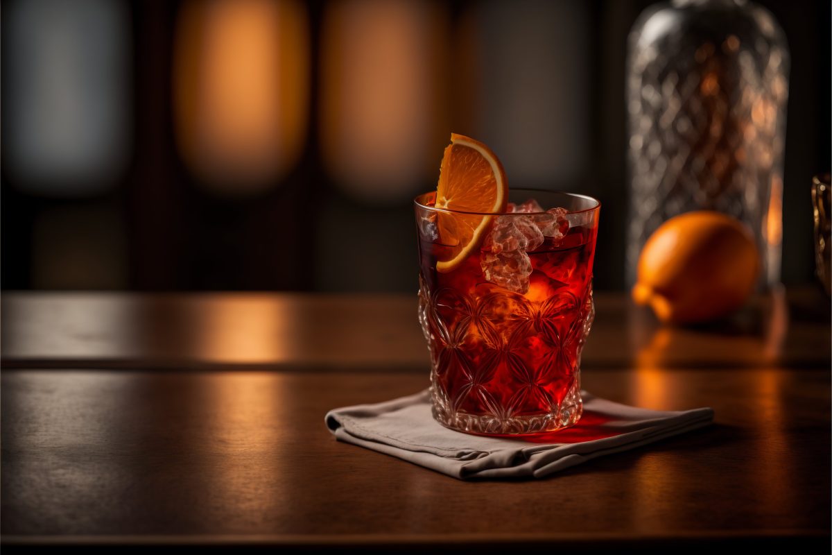 Glass of Negroni cocktail on a bar