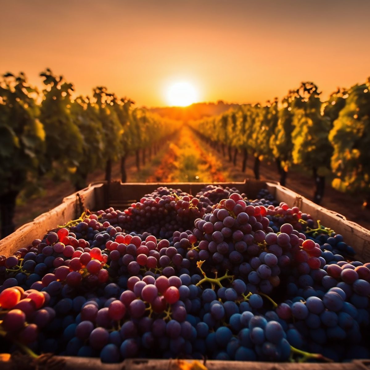 Grape harvesting at sunset