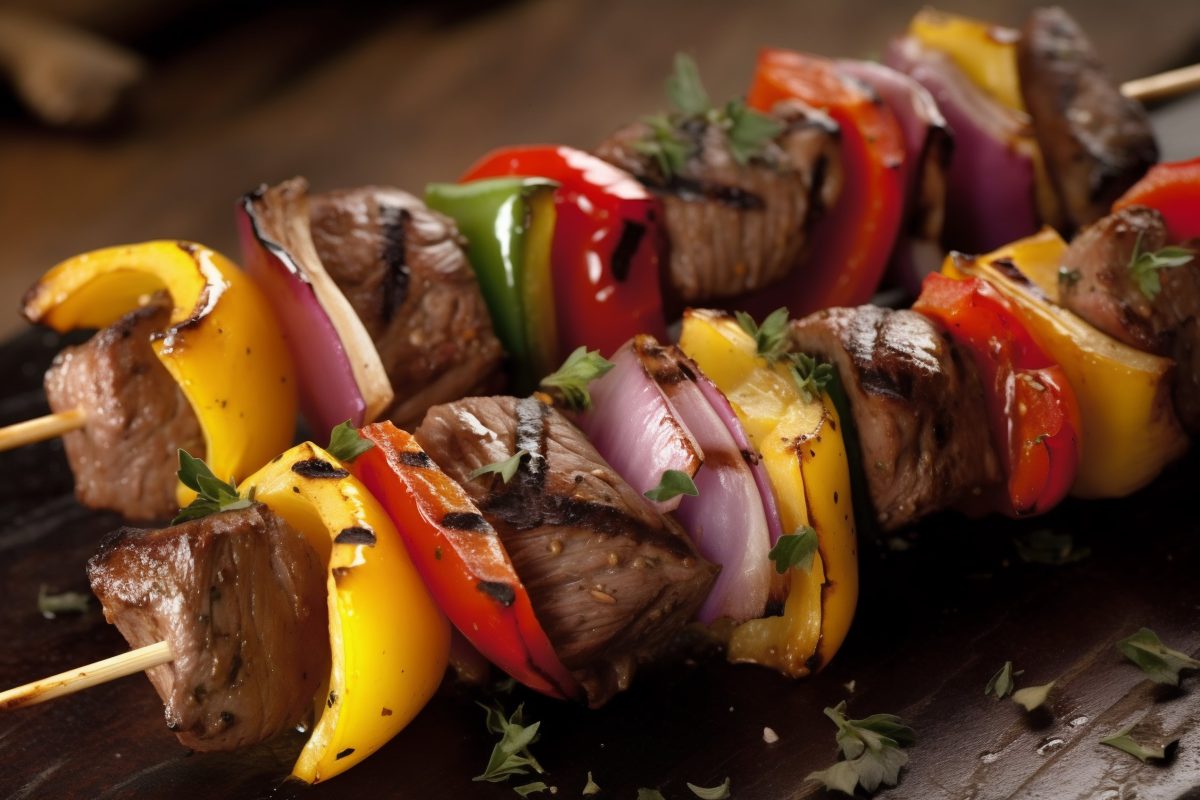 Grilled meat with vegetables on a skewer