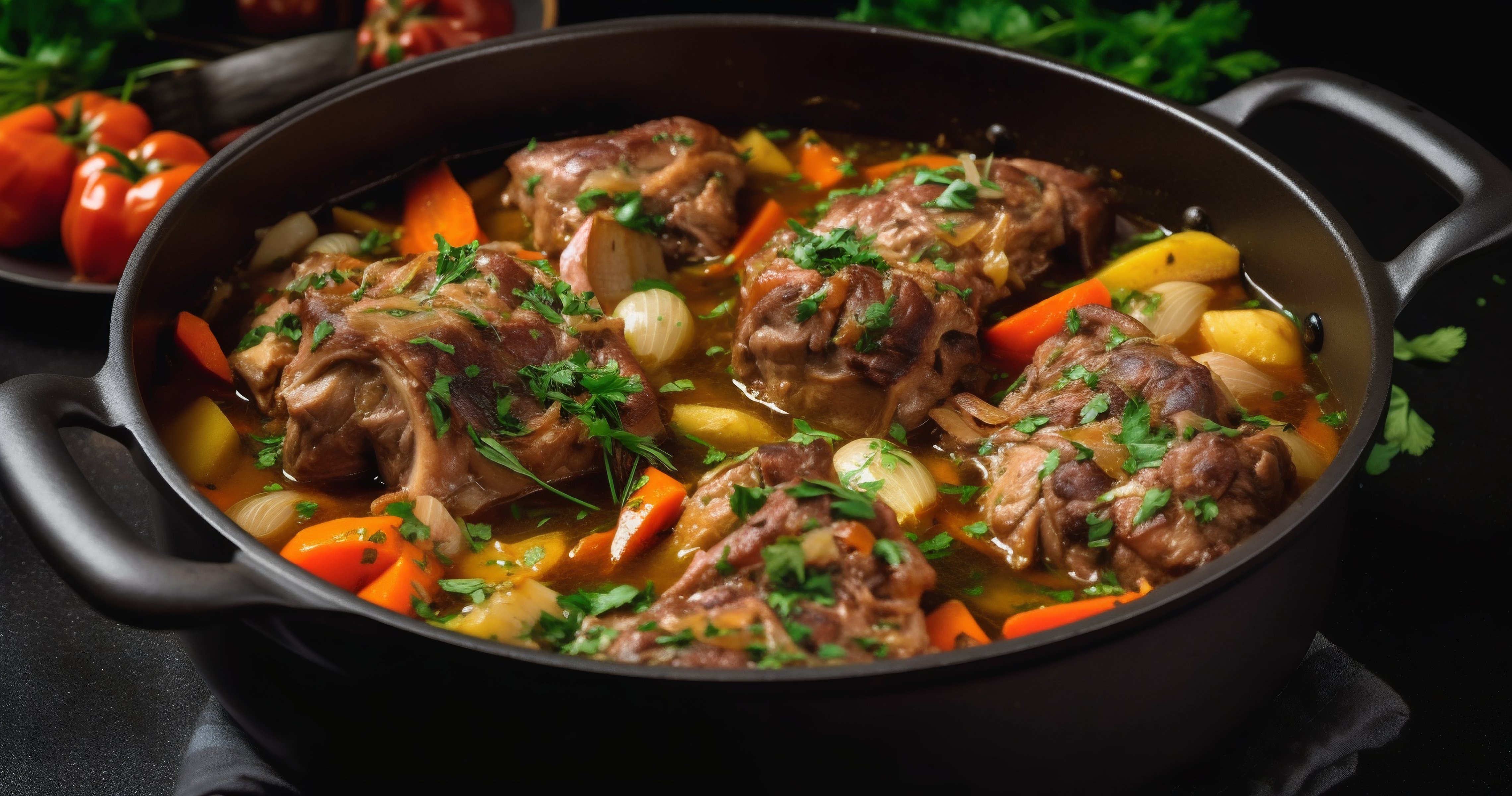** Hearty Meat Stew in a Black Pot