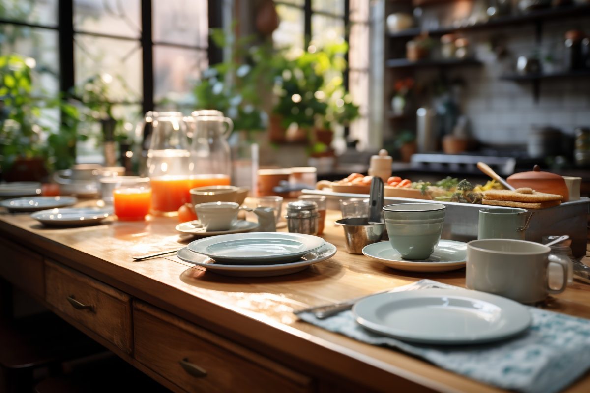 Kitchen with plates and mugs