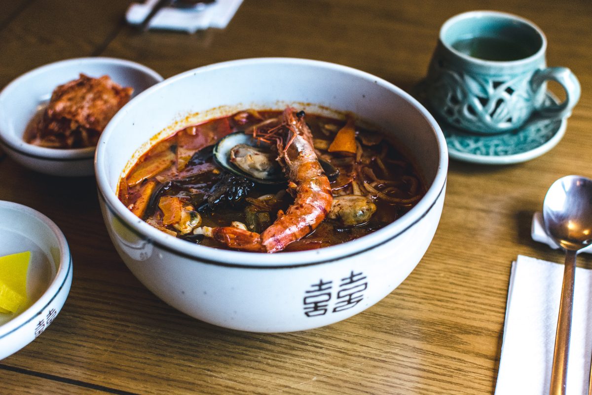 Korean spicy seafood soup with king prawns
