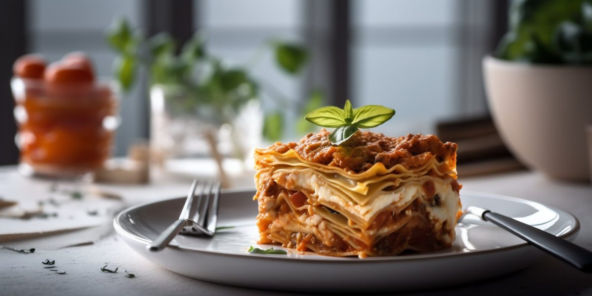 Lasagna single serving on a white plate in a restaurant