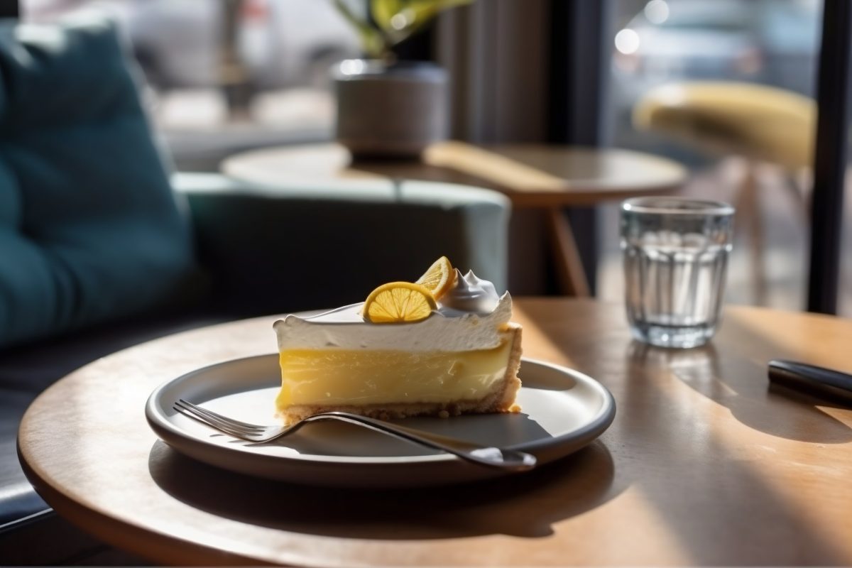Lemon pie on a white plate in a cozy café