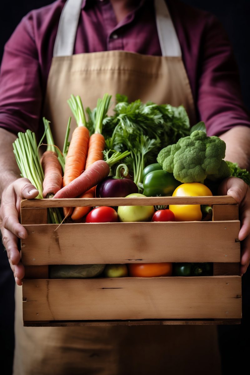 Man holding a wooden box with fresh vegetables