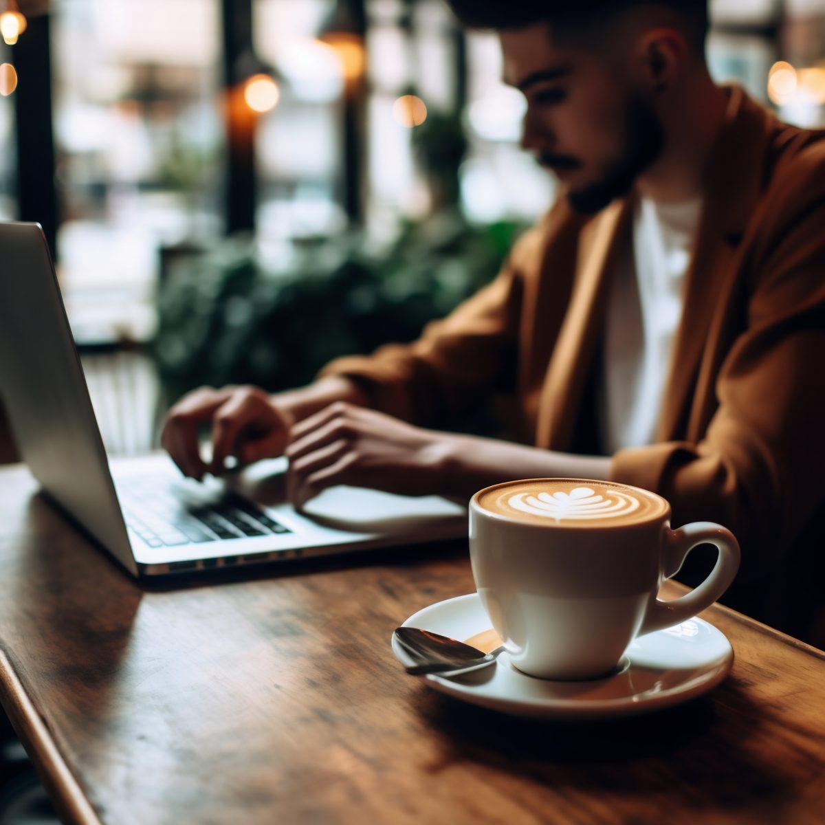 Man working on a laptop with coffee