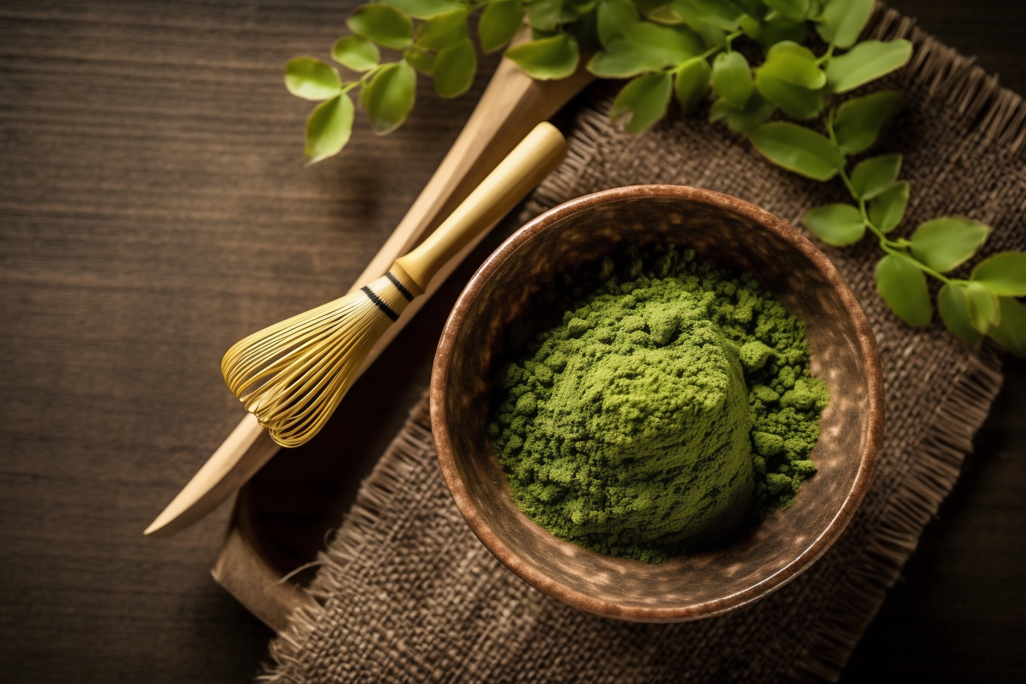 Matcha Powder in Rustic Bowl with Whisk