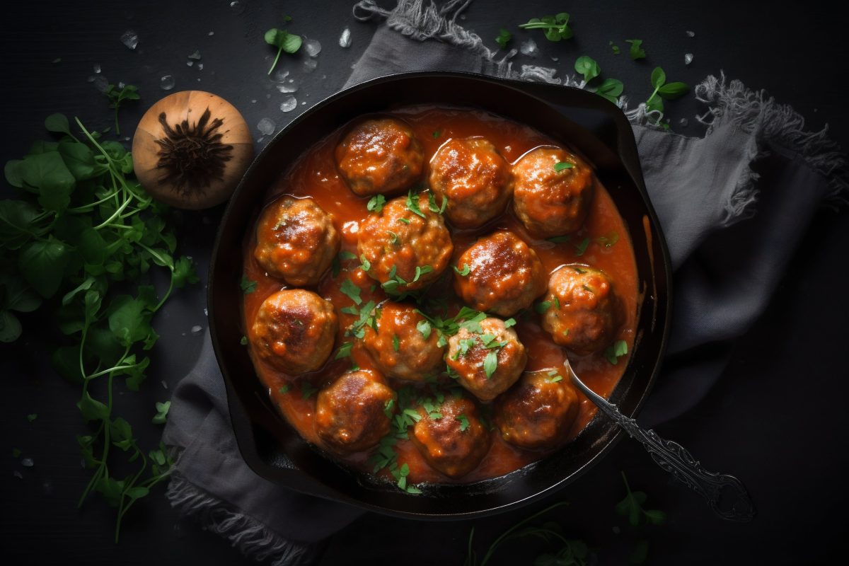 Meatballs in tomato sauce in a skillet