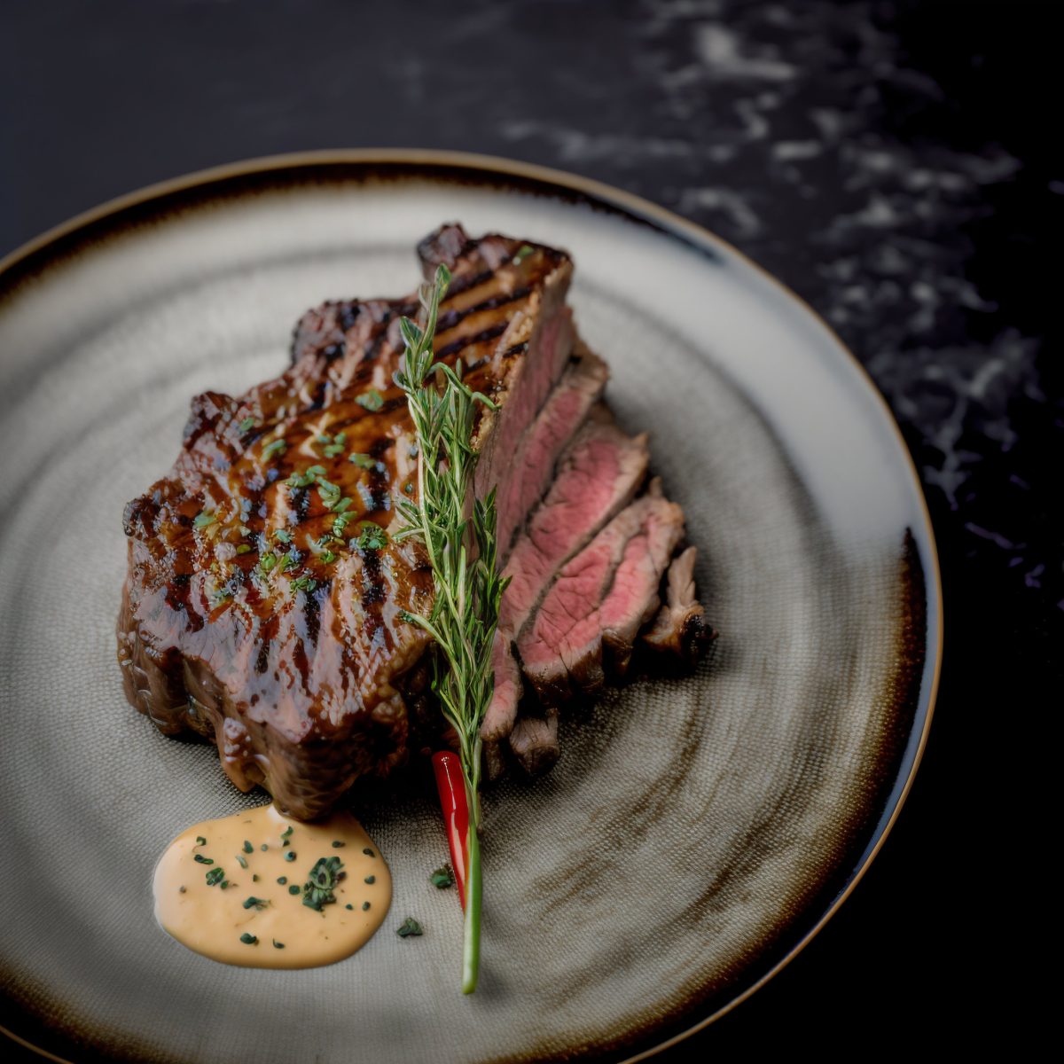 Medium-done steak with fresh herb