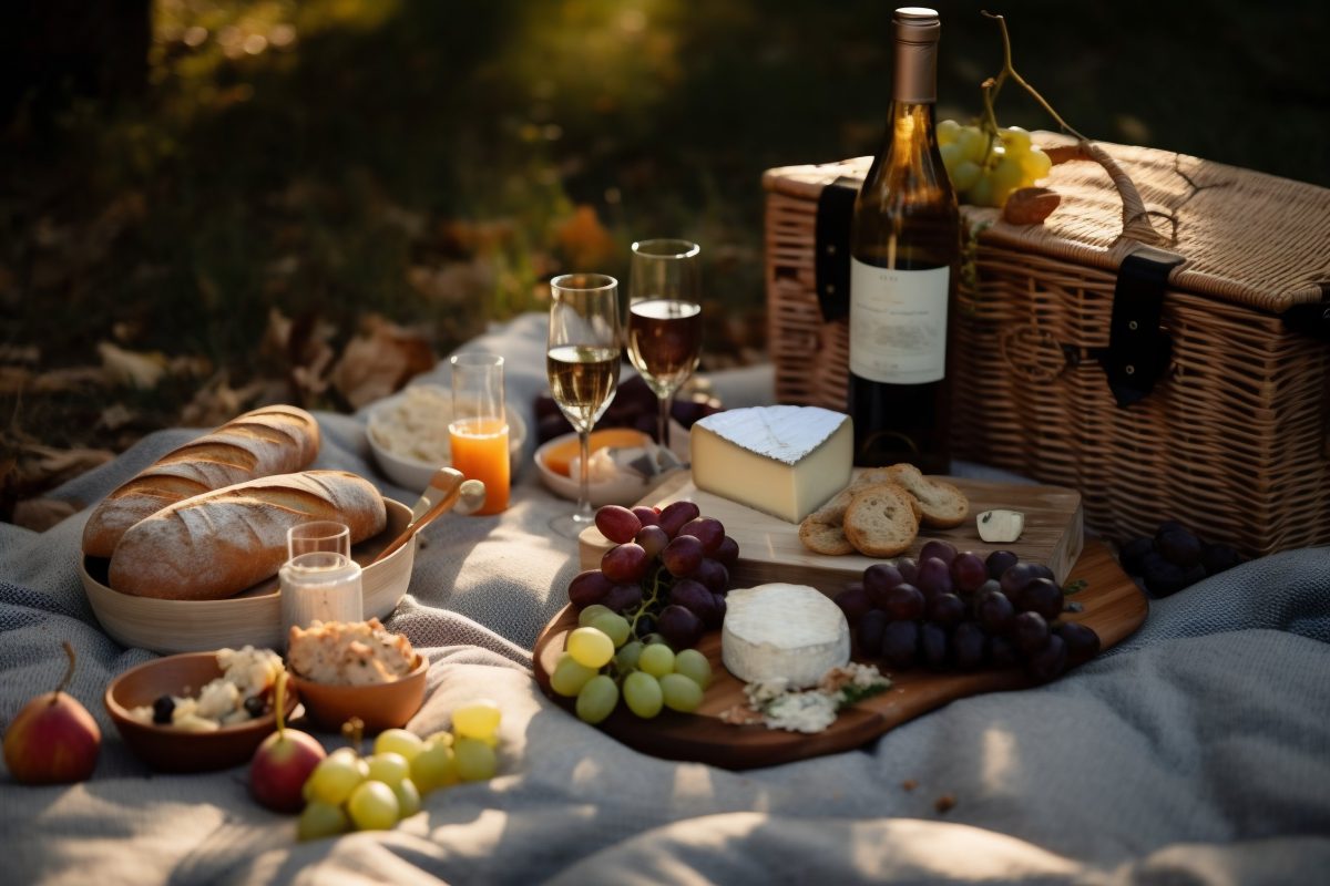 Outdoor picnic with wine and cheese during sunset