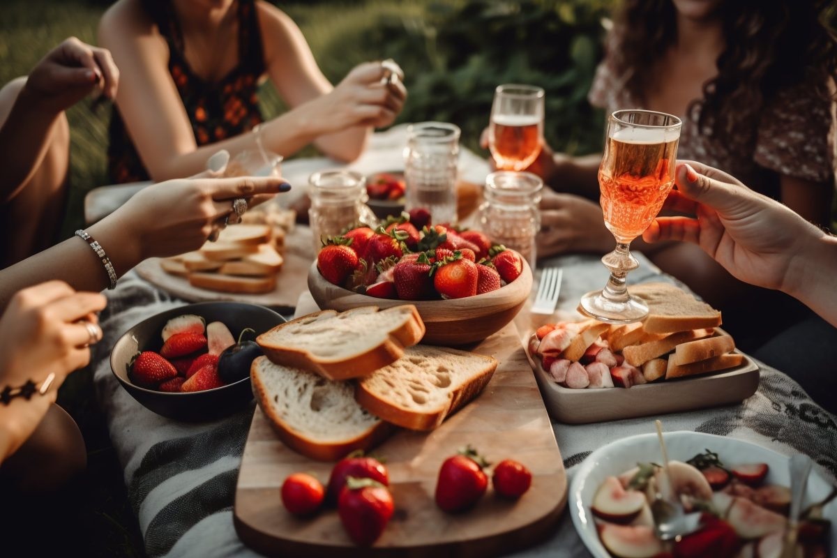 Picnic with strawberries and sparkling wine outside