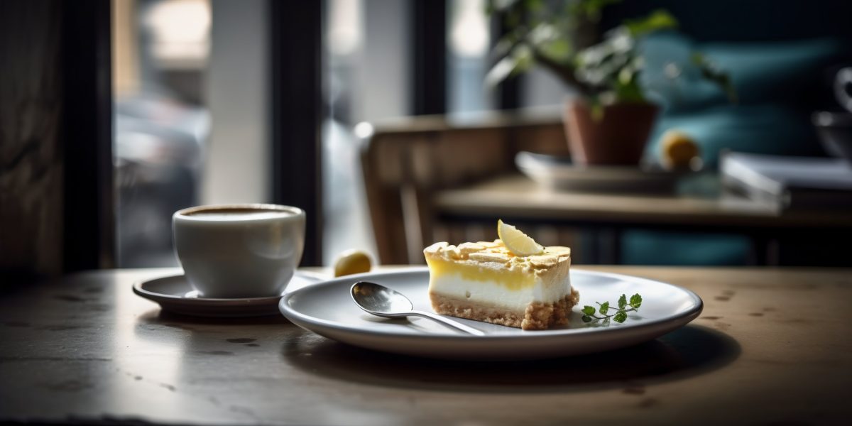 Piece of lemon curd cake with coffee